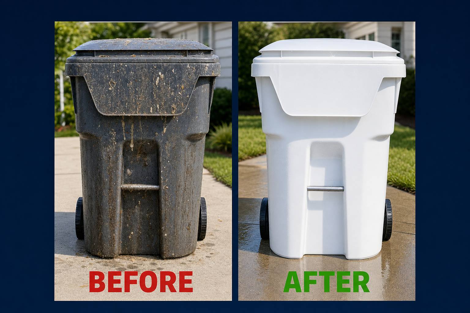 Before and after comparison of a trash bin cleaning — dirty bin on left, sparkling clean bin on right