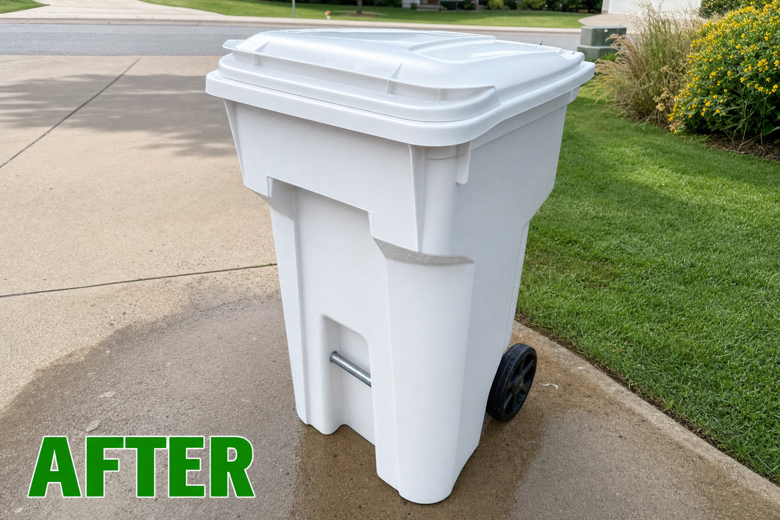 Sparkling clean residential trash bin after professional hot-water sanitization by Squeaky Clean