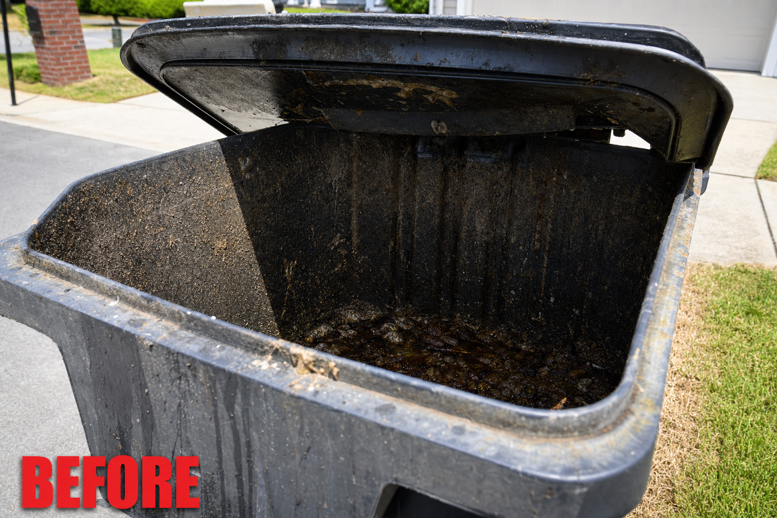 Extremely dirty residential trash bin before professional cleaning — caked with grime and food residue