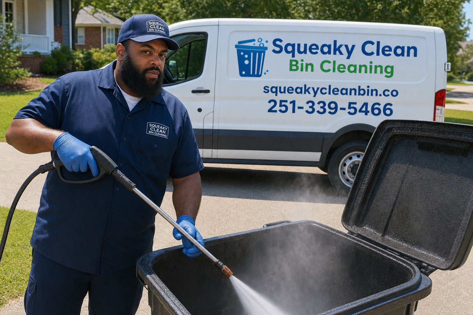 Squeaky Clean Bin Cleaning owner using a hot-water pressure wand to sanitize a residential trash bin on a driveway in Baldwin County, AL