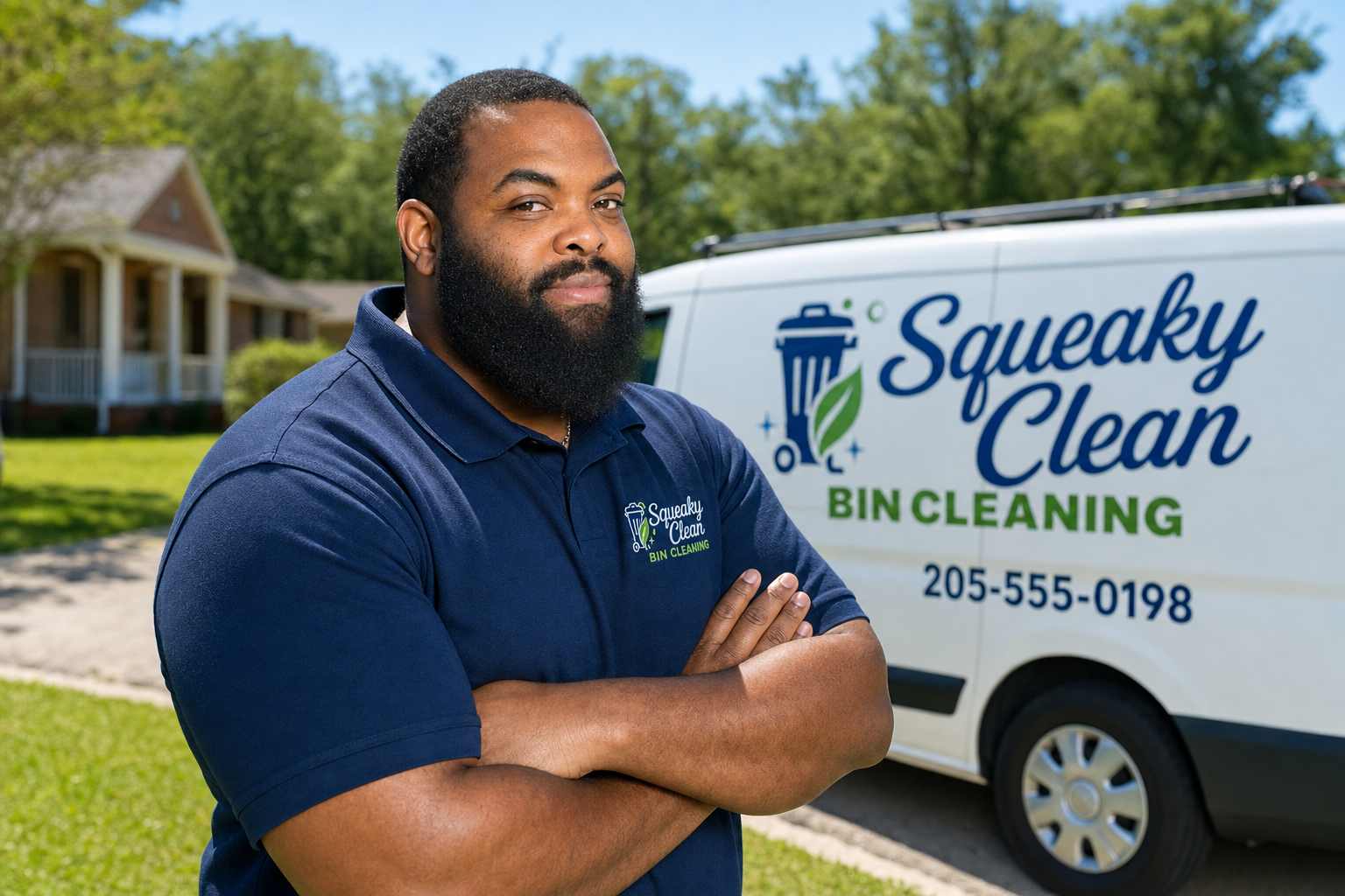 Eric Wright, owner of Squeaky Clean Bin Cleaning, standing in front of his service van in Baldwin County, AL